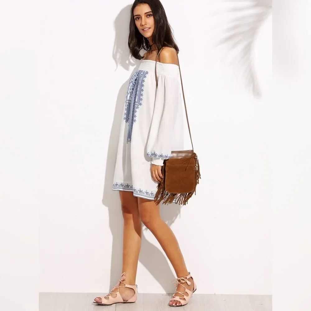 ✨Blue & White Off The Shoulder Long Sleeve Dress✨